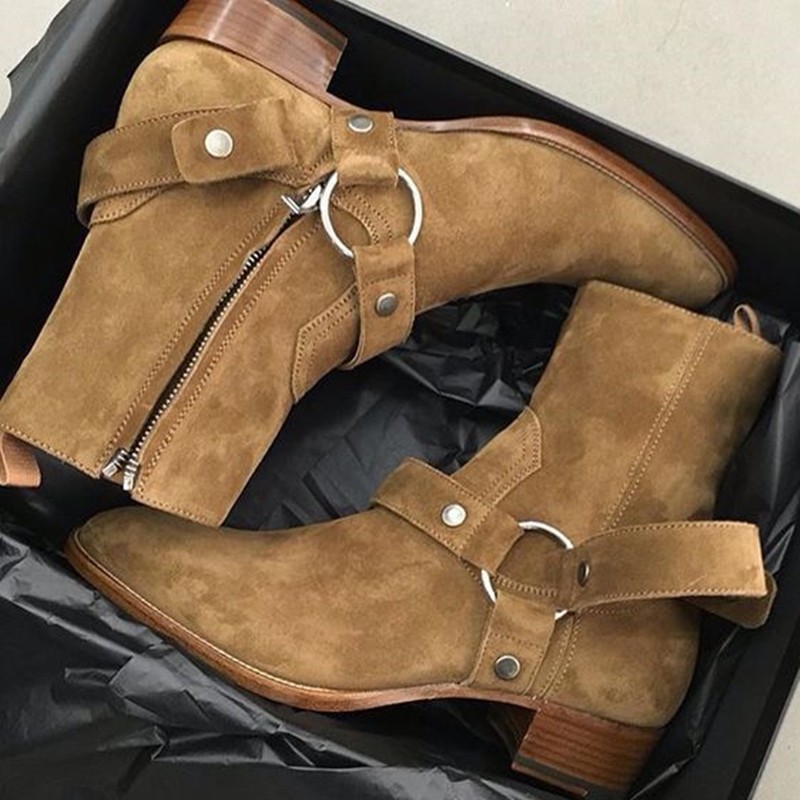 Leather Work Harness - Sepatu bot kulit Suede warna coklat/hitam,